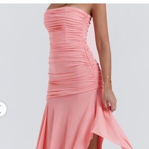 House of CB Ivana Gathered Asymmetric Dress in Peach